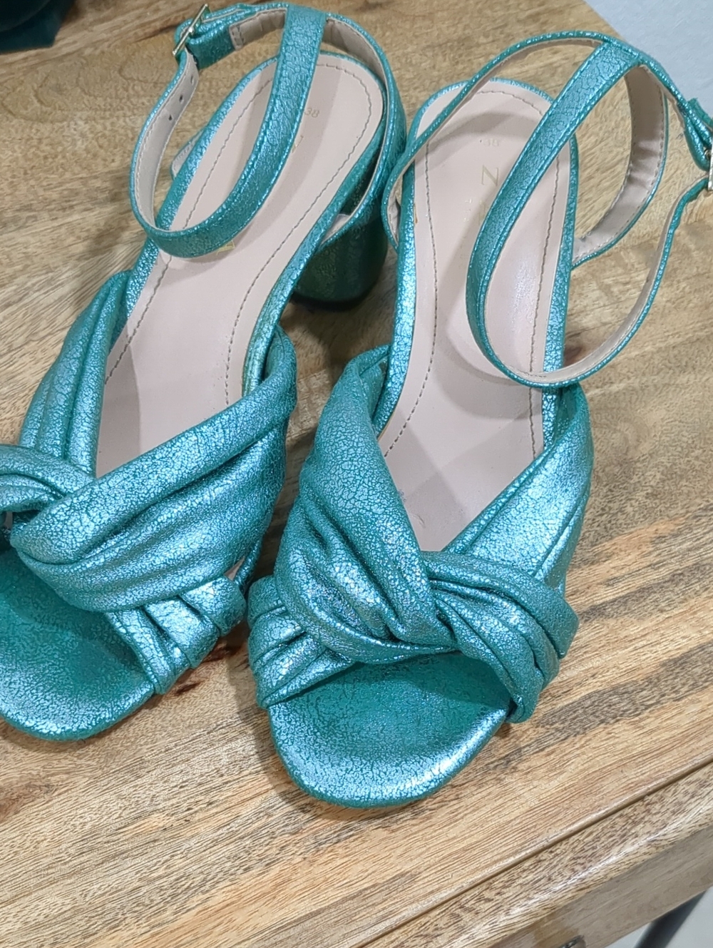 ZARA Women’s Teal Metallic Knot Front Ankle Strap Sandals